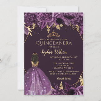 Invitación Morado oro Floral Tan Princesa Quinceañera