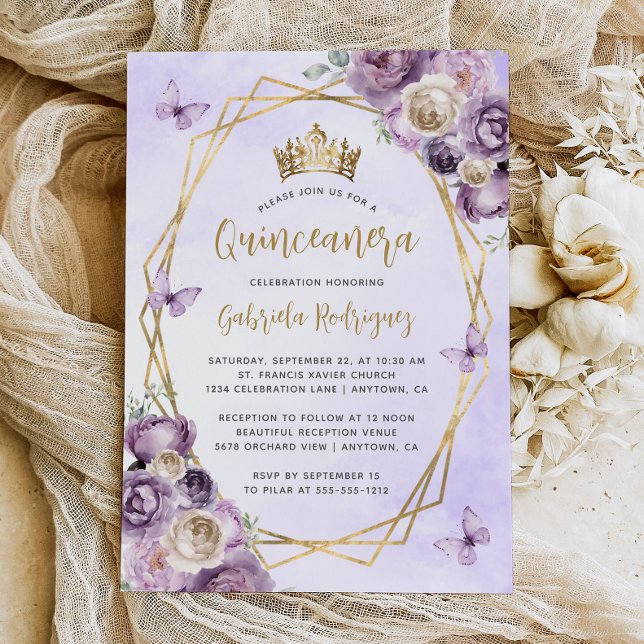 Invitación Morado Oro Geométrico Floral Quinceañera (Subido por el creador)