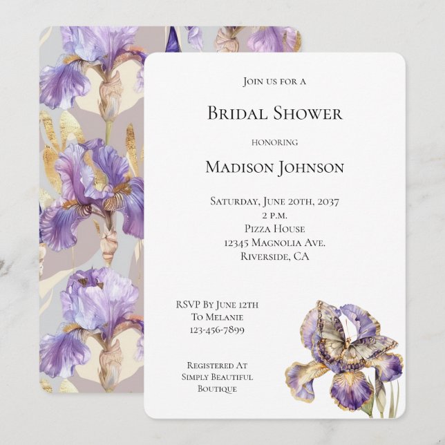 Invitación Morado Oro Iris Floral Mariposa Ducha De Novias (Anverso / Reverso)