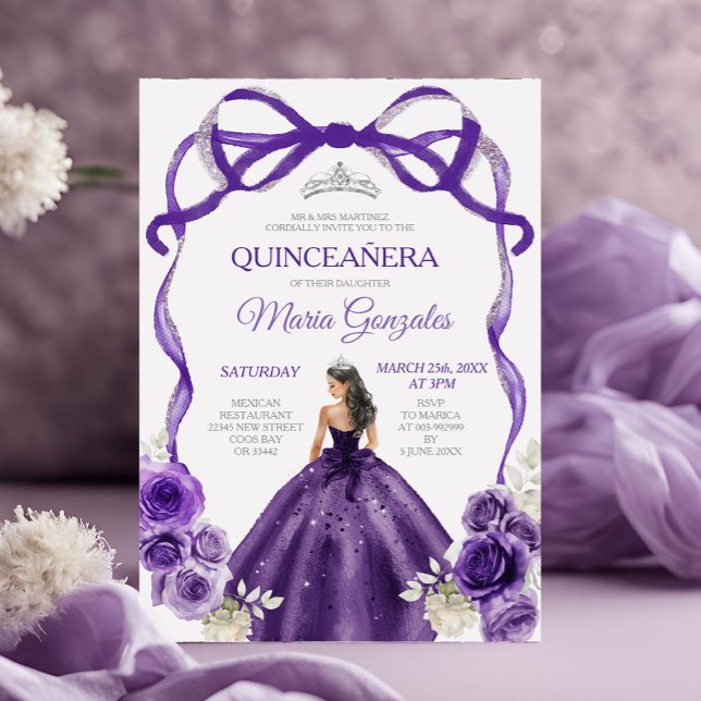 Invitación Morado oscuro Bow Princesa Plata Corona Quinceañer (Subido por el creador)