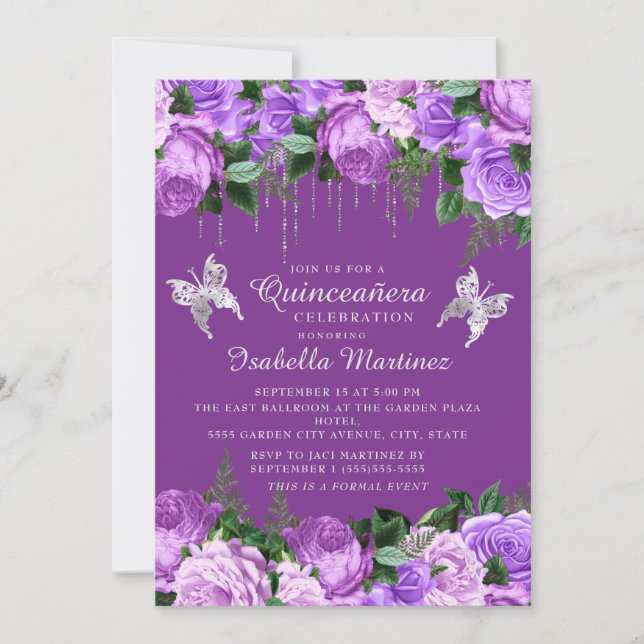 Invitación Morado oscuro Floral Plata Mariposas Quinceañera (Anverso)