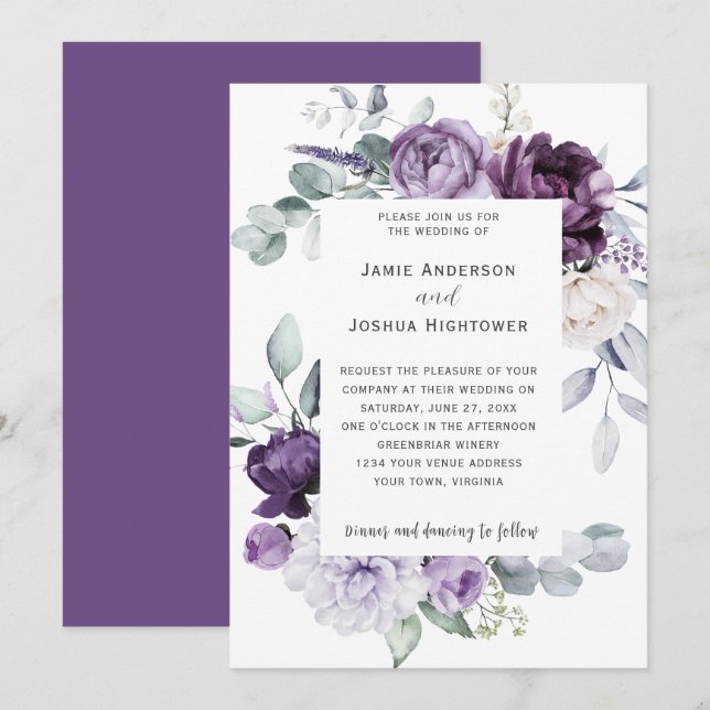 Invitación Morado oscuro, lavanda, Boda floral blanco (Anverso / Reverso)