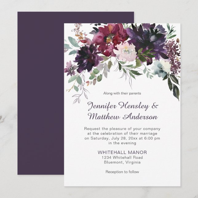 Invitación Morado oscuro, malva, rojo, Boda floral rosado (Anverso / Reverso)