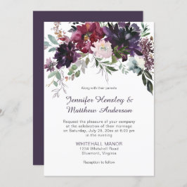 Invitación Morado oscuro, malva, rojo, Boda floral rosado