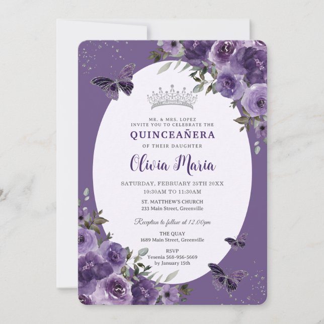 Invitación Morado oscuro Morado Floral Mariposas Plata Quince (Anverso)