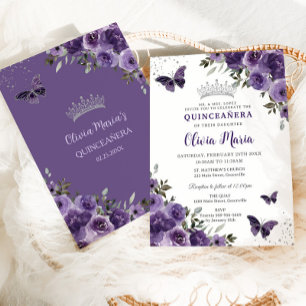 Invitación Morado oscuro Morado Floral Mariposas Plata Quince