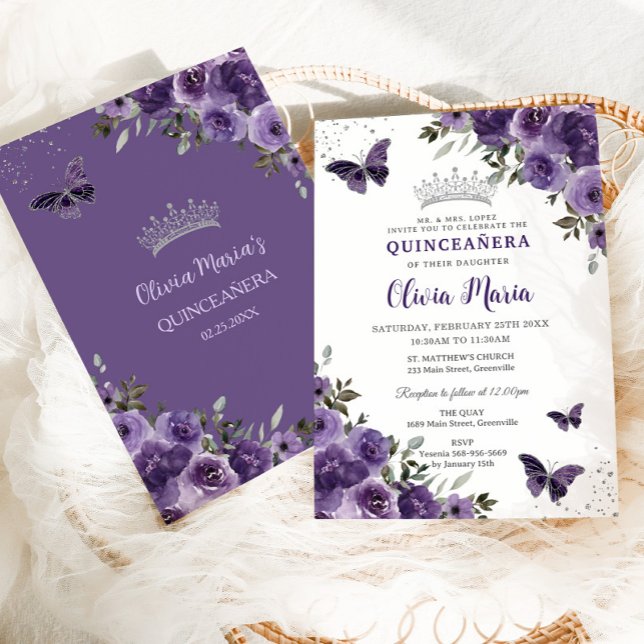 Invitación Morado oscuro Morado Floral Mariposas Plata Quince (Subido por el creador)