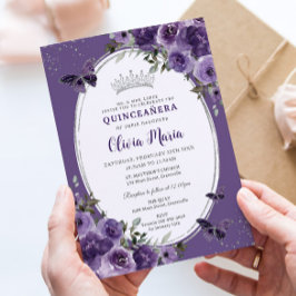 Invitación Morado oscuro Morado Floral Mariposas Plata Quince