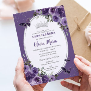 Invitación Morado oscuro Morado Floral Mariposas Plata Quince