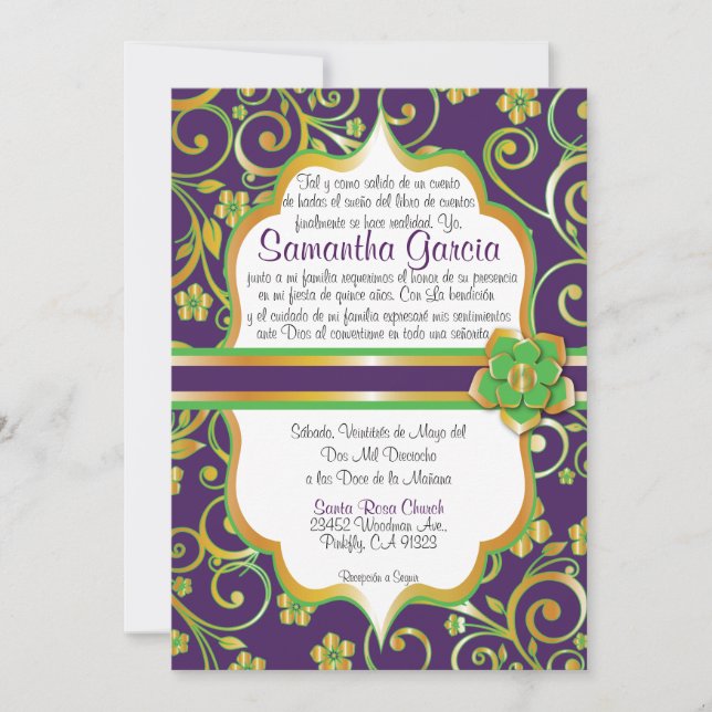 Invitación Morado oscuro, verde y dorado quinceañera invi (Anverso)