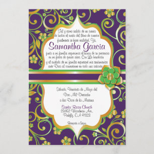 Invitación Morado oscuro, verde y dorado quinceañera invi