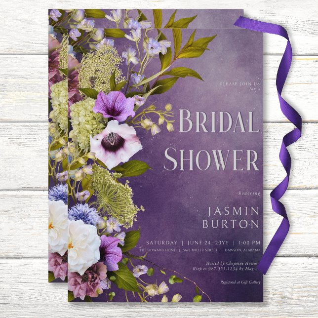 Invitación Morado oscuro y sabio floral moderna ducha de novi (Dark Purple & Sage Floral Modern Bridal Shower Invitation)