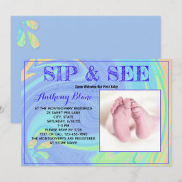Invitación Morado Pastel Cumple Mes Bebé Sip and See Foto Per