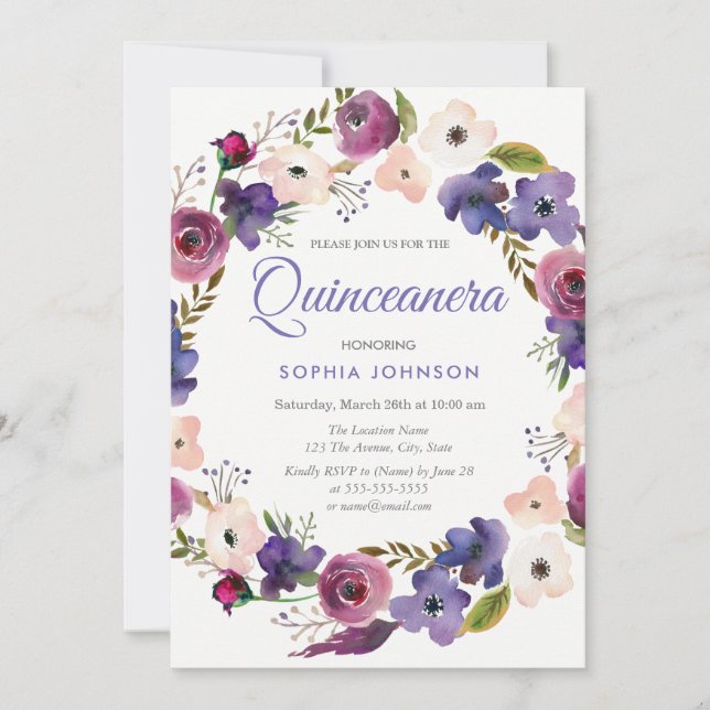 Invitación Morado Peach Burgundy Wreath Floral Quinceanera (Anverso)