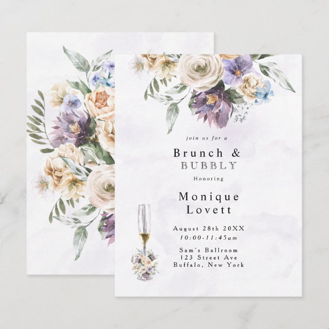 Invitación Morado Peony Wildflowers Brunch and Bubbly (Anverso / Reverso)