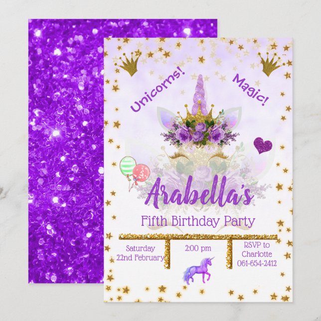 Invitación Morado personalizado, estrellas de oro, cumpleaños (Anverso / Reverso)