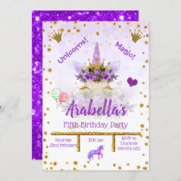 Invitación Morado personalizado, estrellas de oro, cumpleaños