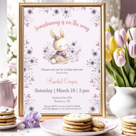 Invitación Morado Pink Floral Cute Bunny Chica Baby Shower