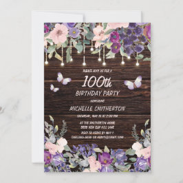 Invitación Morado Pink Floral Mariposa Rustica 100 cumpleaños