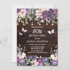 Invitación Morado Pink Floral Mariposa Rustica 80 cumpleaños