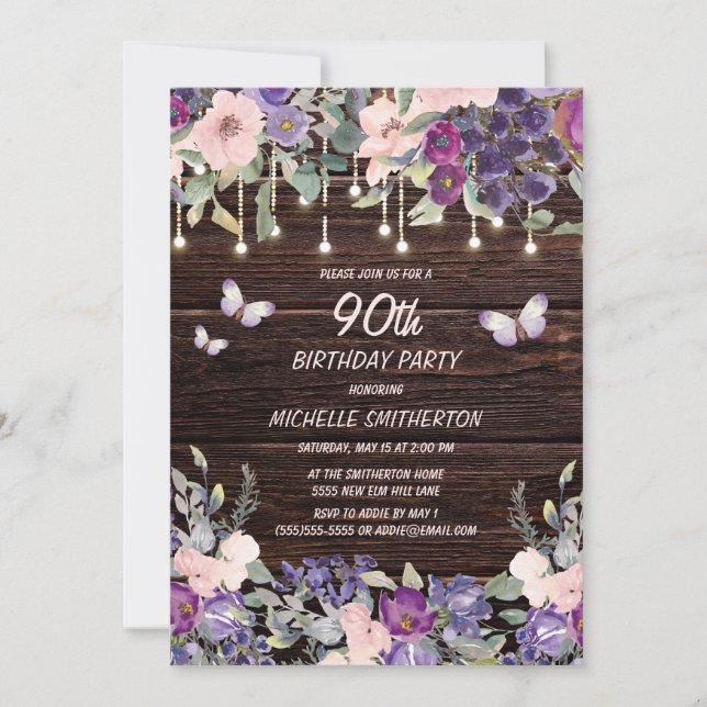 Invitación Morado Pink Floral Mariposa Rustica 90 cumpleaños (Anverso)