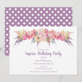 Invitación Morado Pink Watercolor Floral Sorpresa Cumpleaños