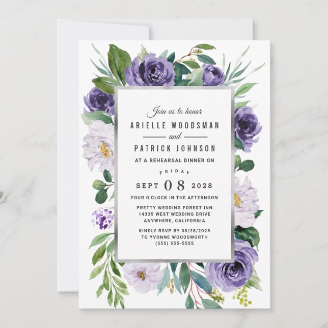 Invitación Morado Plata Acuarela Floral Ensayo Cena (Anverso)