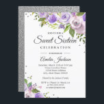 Invitación Morado Plata Esparkle Floral Dulce Dieciséis Invit<br><div class="desc">Más bonito dulce 16 invitaciones en la Pequeña Tienda Bayleigh!</div>