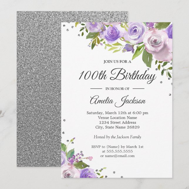 Invitación Morado Plata Esparkle Floral Invite a cumplir 100  (Anverso / Reverso)