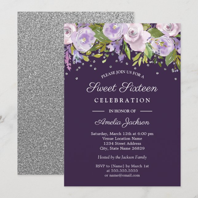 Invitación Morado Plata Floral Agua Dulce Dieciséis (Anverso / Reverso)