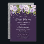 Invitación Morado Plata Floral Agua Dulce Dieciséis<br><div class="desc">Dulce floral más moderno Dieciséis invitaciones en la Pequeña Tienda Bayleigh!</div>