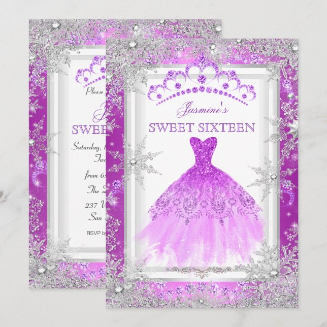 Invitación Morado Plata Invierno Wonderland Sweet 16 (Anverso / Reverso)