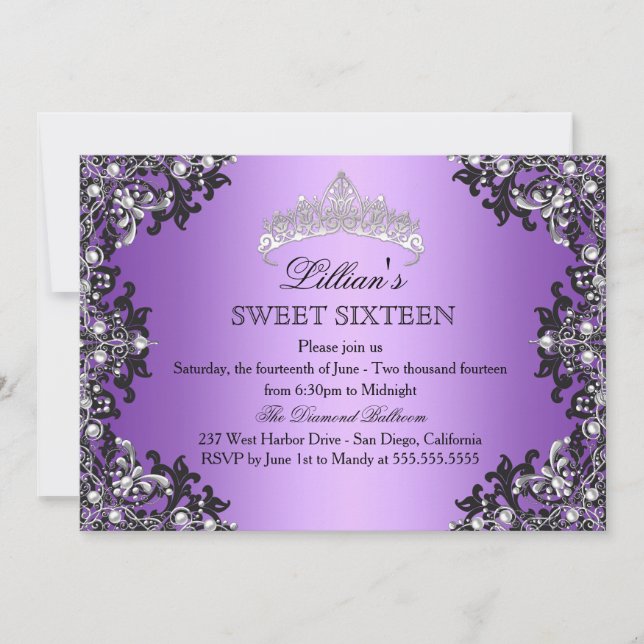 Invitación Morado Plata Negro Damask Tiara Sweet 16 Invite (Anverso)