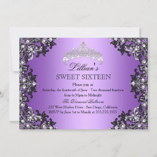 Invitación Morado Plata Negro Damask Tiara Sweet 16 Invite