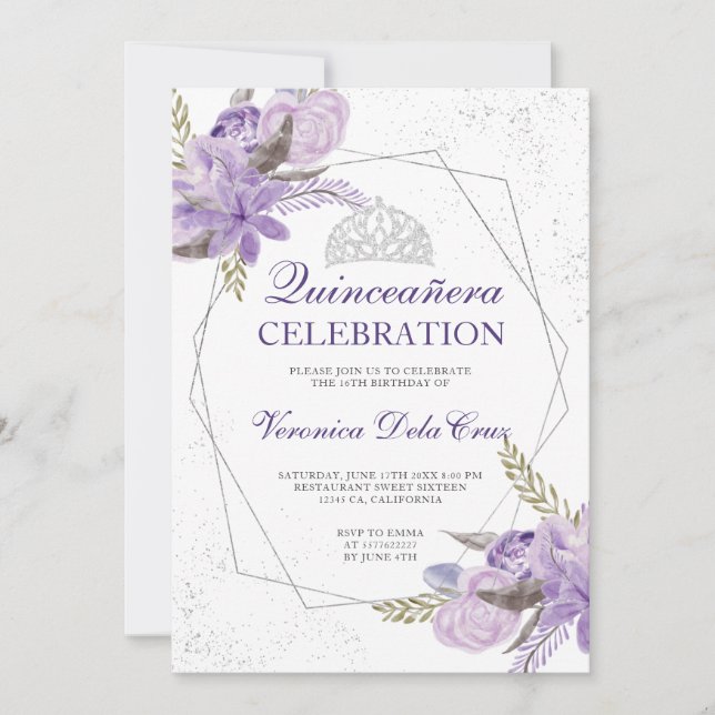 Invitación Morado plateado acuarela floral Quinceanera (Anverso)