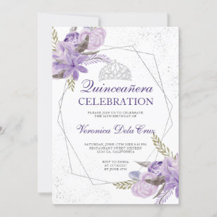 Invitación Morado plateado acuarela floral Quinceanera