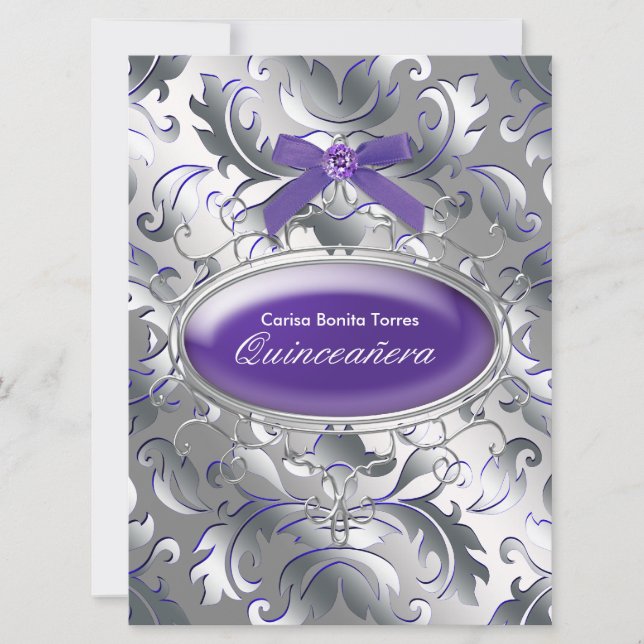 Invitación Morado plateado Damask Elegante Quinceanera Púrpur (Anverso)