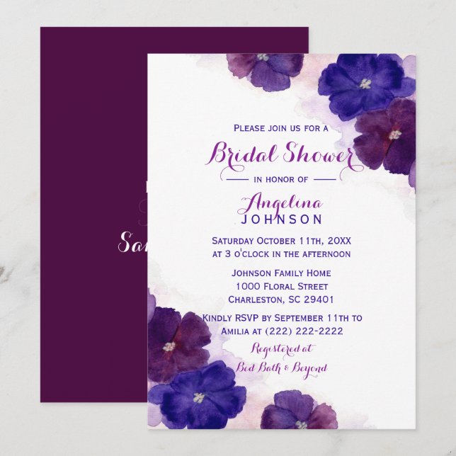 Invitación Morado Pluma Violeta Acuarela Floral Ducha de novi (Anverso / Reverso)