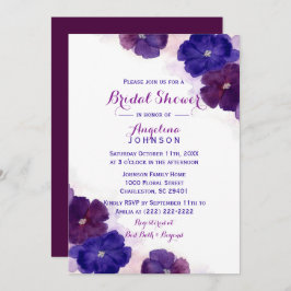 Invitación Morado Pluma Violeta Acuarela Floral Ducha de novi