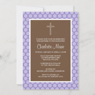 Invitación Morado polka punto cruzado bautismo bautizo