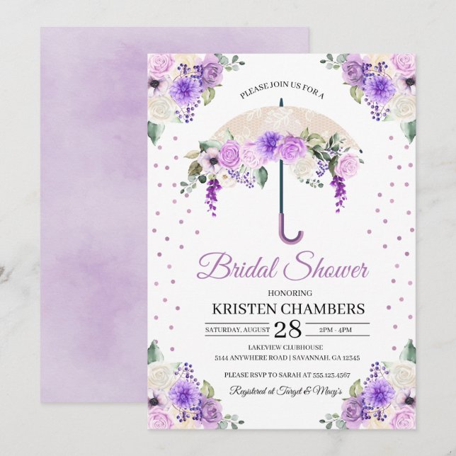Invitación Morado Primavera Floral Paraguas Brillante Ducha (Anverso / Reverso)