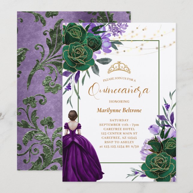 Invitación Morado Princesa Floral Quinceañera (Anverso / Reverso)