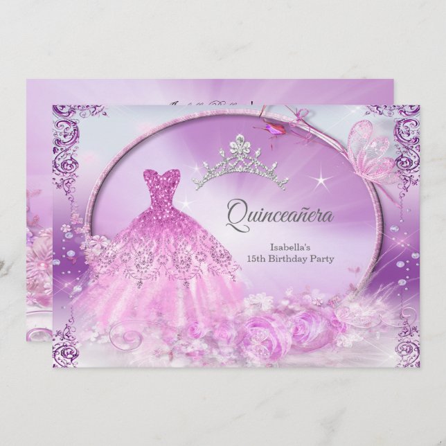 Invitación Morado Princesa Quinceanera Vestido mágico (Anverso / Reverso)