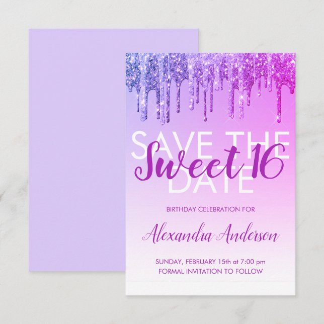 Invitación Morado Purpurina dulce 16 Guardar la fecha (Anverso / Reverso)