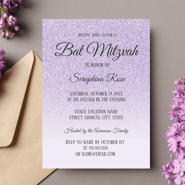 Invitación Morado purpurina sombrío Bat Mitzvah (Purple Bat Mitzvah Invitation)