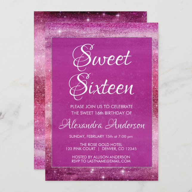 Invitación Morado Purpurina Sparkle Sweet 16 Cumpleaños (Anverso / Reverso)