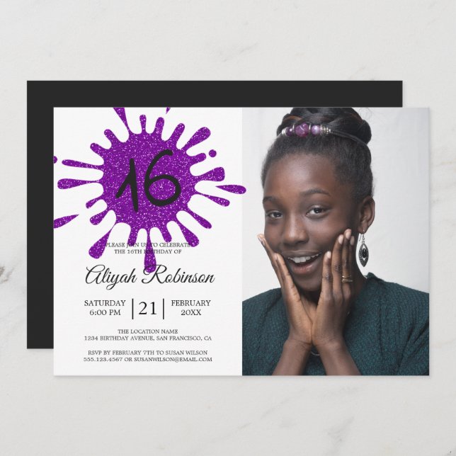Invitación Morado Purpurina Splash Sweet 16 16th Birthday Par (Anverso / Reverso)
