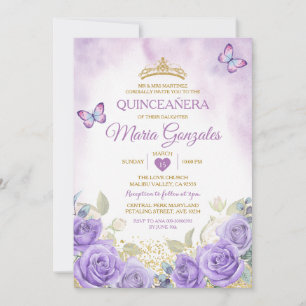 Invitación Morado Quinceañera Corona de Oro Mariposa Mexicana
