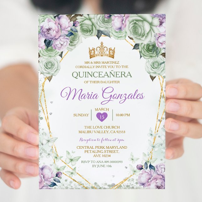 Invitación Morado Quinceañera Sage Green Mariposa Mexicana (Subido por el creador)