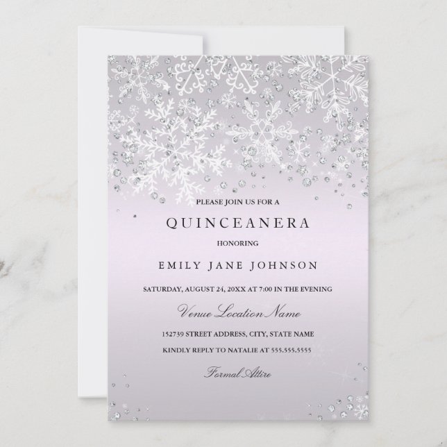 Invitación Morado Quinceanera Winter Wonderland Snowflakes (Anverso)